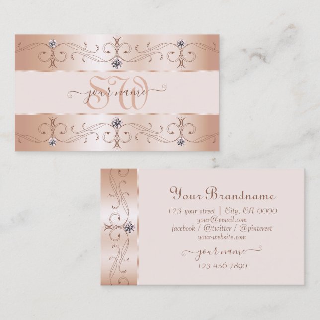Cartão De Visita Luxurious Rose Gold Ornate Borders Jewels Monogram (Frente/Verso)