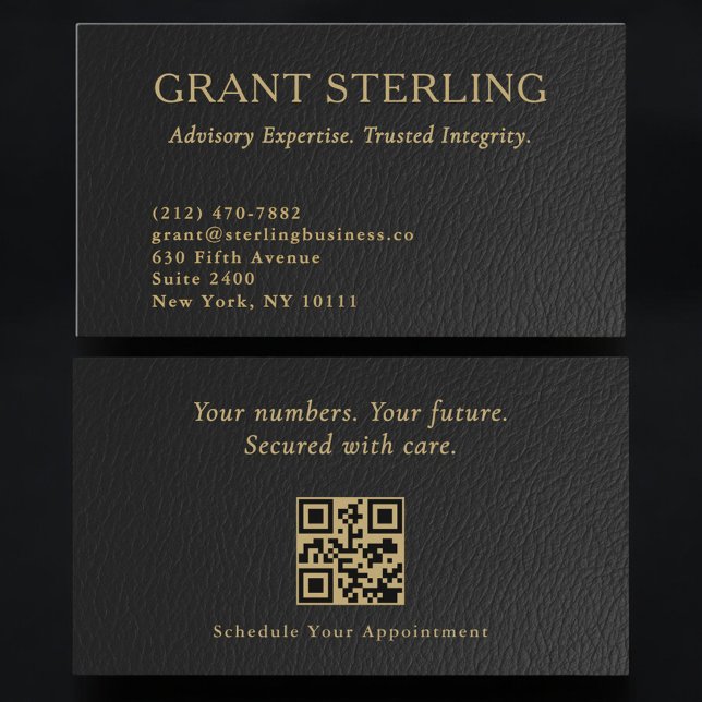 Cartão De Visita Luxury Accountant CPA Faux Leather QR Code (Criador carregado)