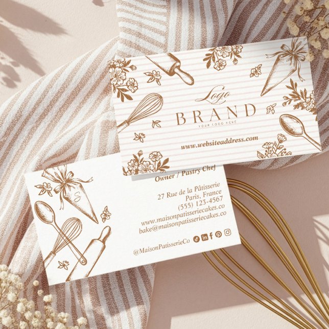 Cartão De Visita Luxury Baking Utensil Pastry Cake Bakery Shop Logo (Stripe Baking Utensil Pastry Cake Bakery Shop Logo Business Card)