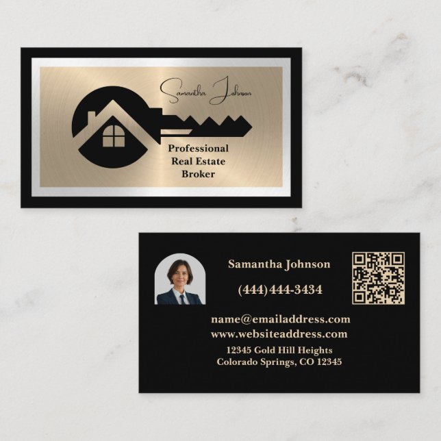 Cartão De Visita Luxury Black and Gold QR Code Photo Real Estate  (Frente/Verso)