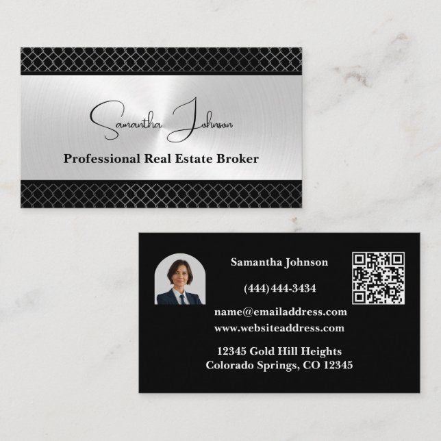 Cartão De Visita Luxury Black and Silver Real Estate Business Card (Frente/Verso)
