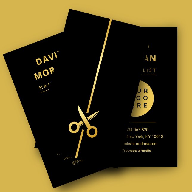 Cartão De Visita Luxury Black & Gold Hairstylist Scissors Logo (Criador carregado)