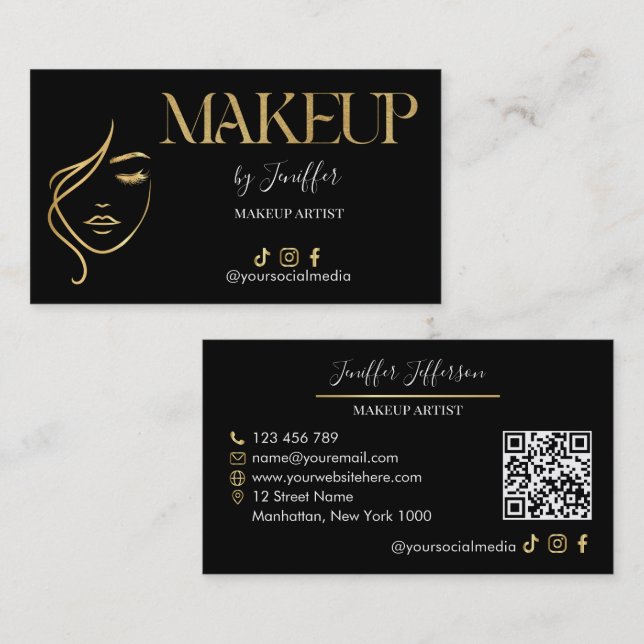 Cartão De Visita Luxury Black & Gold Makeup artist Bussines card (Frente/Verso)