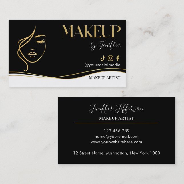 Cartão De Visita Luxury Black & Gold Makeup artist Bussines card (Frente/Verso)