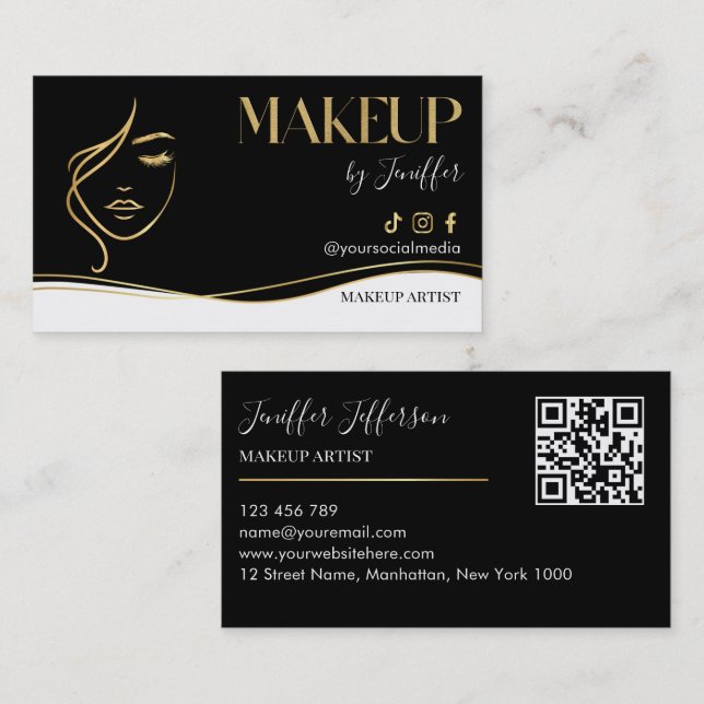 Cartão De Visita Luxury Black & Gold Makeup artist Bussines card (Frente/Verso)