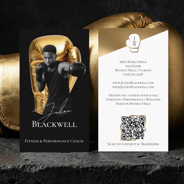 Cartão De Visita Luxury Black Gold Personal Trainer Boxing Photo (Luxury Black Gold Personal Trainer Boxing Photo Business Card)