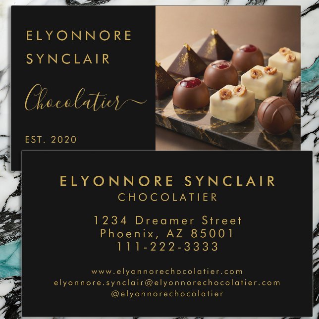Cartão De Visita Luxury Black Gold Script Chocolatier Photo (Criador carregado)
