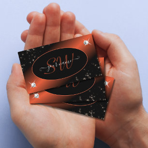 Cartão De Visita Luxury Black Orange Glitter Stars Jewels Iniciais