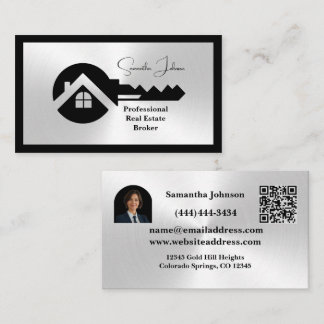 Cartão De Visita Luxury Black & Silver QR Code Photo Real Estate 