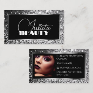 Cartão De Visita Luxury Black Sparkle Silver Glitter com Foto