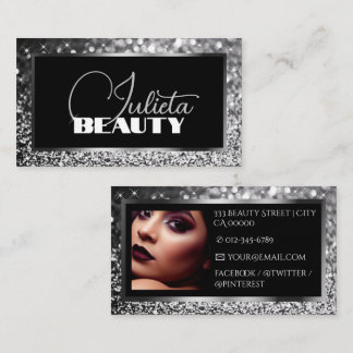 Cartão De Visita Luxury Black Sparkle Silver Glitter com Foto
