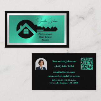Cartão De Visita Luxury Black & Turquoise QR Code Photo Real Estate