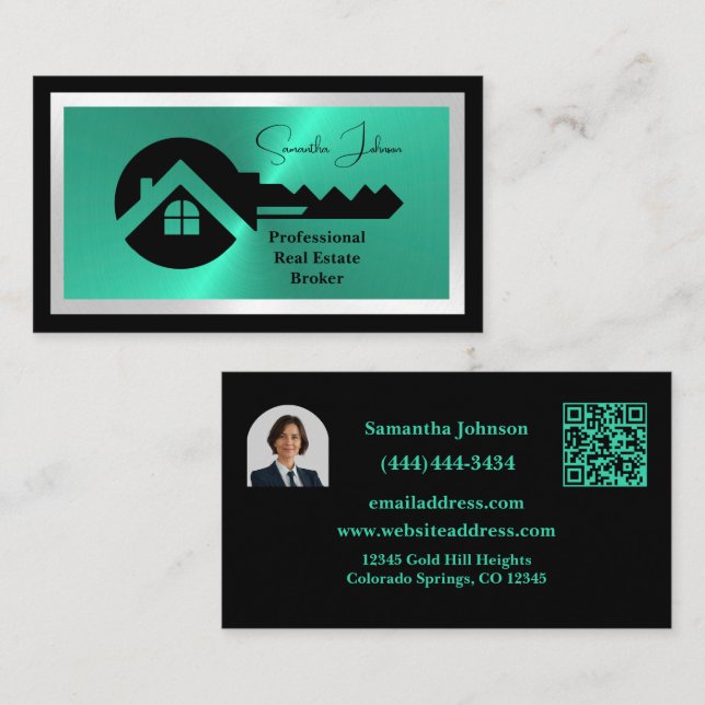 Cartão De Visita Luxury Black & Turquoise QR Code Photo Real Estate (Frente/Verso)