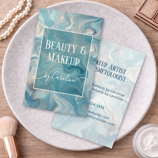 Cartão De Visita Luxury Blue Marble Makeup Artist & Hair Stylist (Criador carregado)