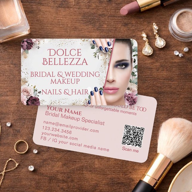 Cartão De Visita Luxury Blush Pink Floral Bridal Makeup Artist (Criador carregado)