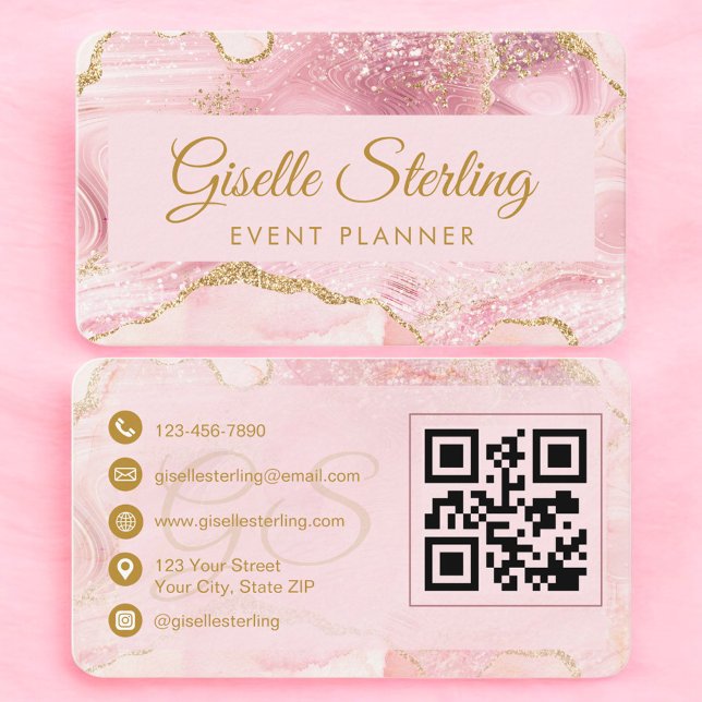 Cartão De Visita Luxury Blush Pink Gold Event Planner QR Code (Criador carregado)