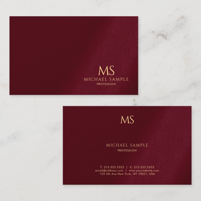 Cartão De Visita Luxury Bordeaux Elegant Gold Text Monogram (Frente/Verso)