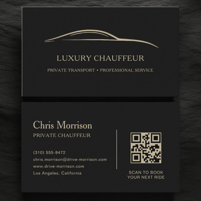 Cartão De Visita Luxury Chauffeur QR Code Black & Gold (Criador carregado)