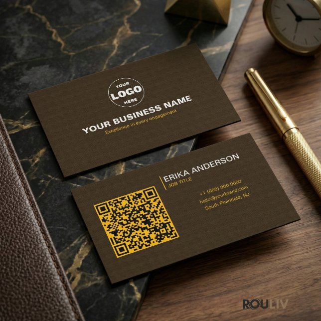 Cartão De Visita Luxury Dark Brown Textured QR Code Minimal Gold  (Luxury Dark Brown Textured QR Code Minimal Gold Business Card)