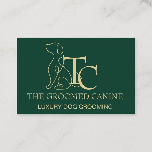 Cartão De Visita Luxury Dog Grooming Business Card Emerald and Gold (Frente)