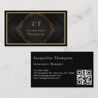 Cartão De Visita Luxury elegant black leather gold monogram qr code