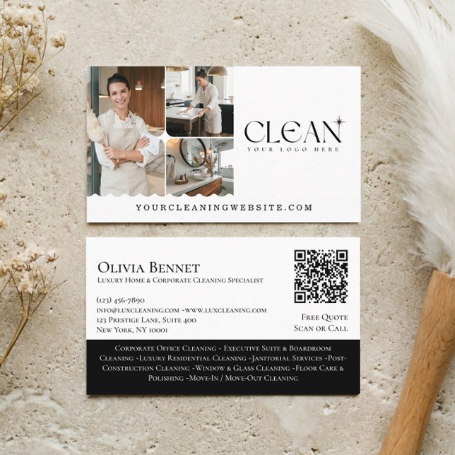 Cartão De Visita Luxury Elegant Maid House Cleaning Photo QR Code (Luxury Elegant Maid House Cleaning Photo QR Code Business Card)