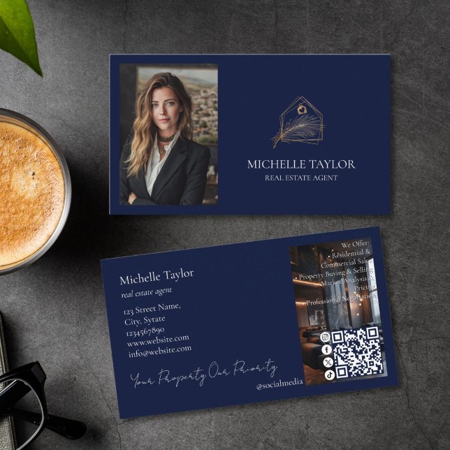 Cartão De Visita Luxury Elegant Real Estate Realtor Photo Gold (navy and gold realtor logo business card with photo and QR code)
