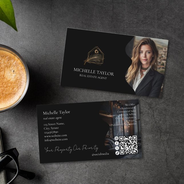 Cartão De Visita Luxury Elegant Real Estate Realtor Photo Gold (luxury gold and black real estate agent business card with your photo and business card)