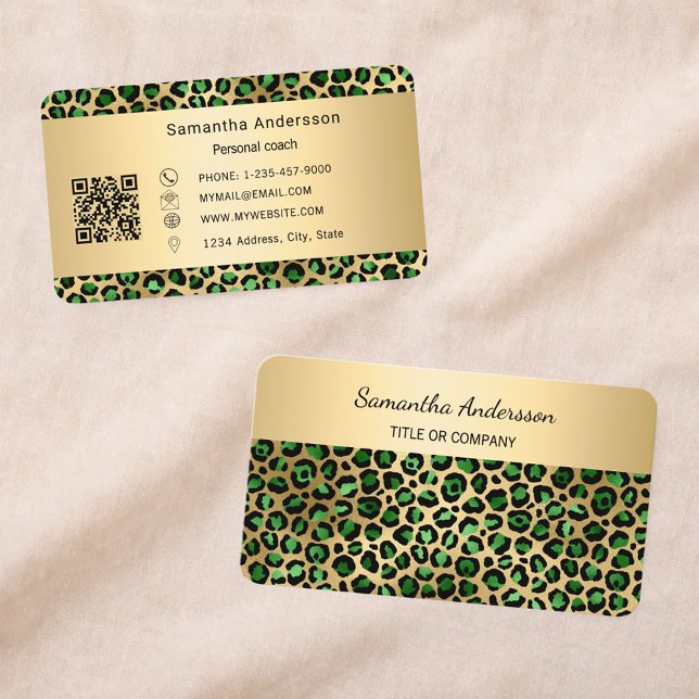 Cartão De Visita Luxury Emerald Green Gold Leopard Print QR Code (Criador carregado)