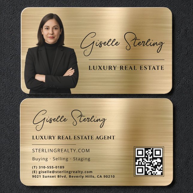 Cartão De Visita Luxury Faux Gold Metallic Realtor Photo QR Code (Criador carregado)