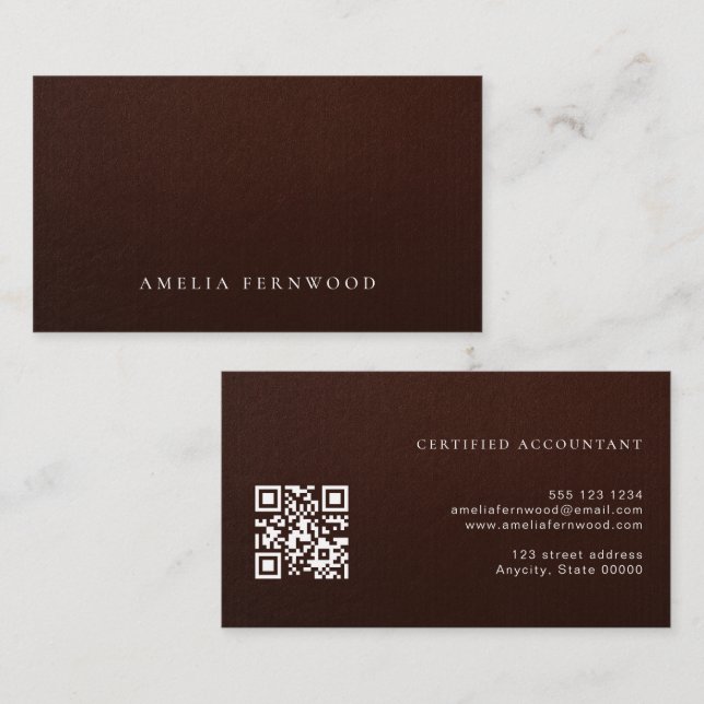 Cartão De Visita Luxury Faux Leather Certified Accountant QR Code (Frente/Verso)