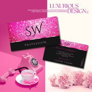Cartão De Visita Luxury Girly Pink Glitter Estrelas Iniciais Negras