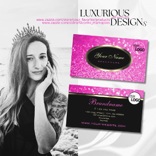 Cartão De Visita Luxury Girly Pink Glitter Sparkle Stars Black Logo