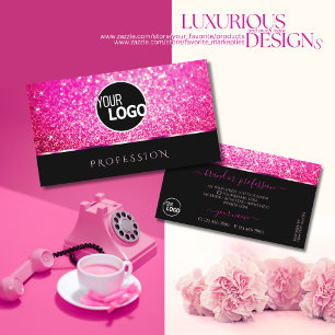 Cartão De Visita Luxury Girly Pink Glitter Sparkle Stars Black Logo