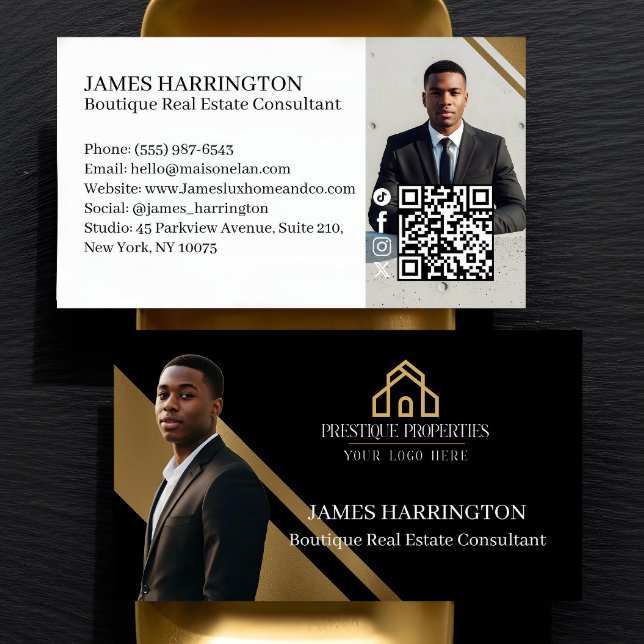 Cartão De Visita Luxury Gold & Black Real Estate Agent Photo Logo (Luxury Gold & Black Real Estate Agent Photo Logo Business Card)