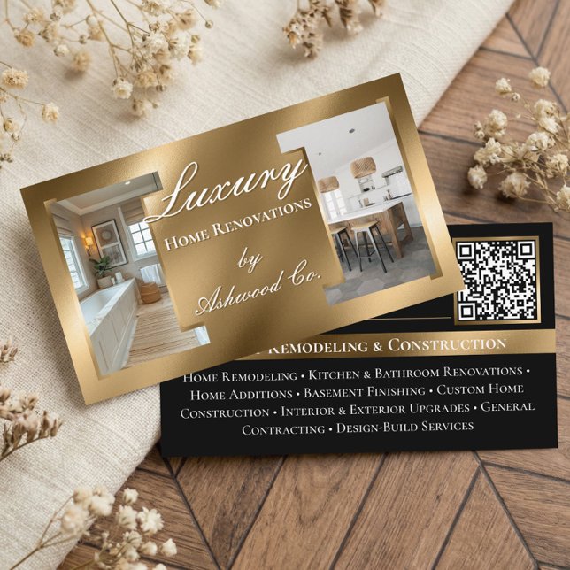 Cartão De Visita Luxury Gold Contractor Home Builder Photo QR Code (Luxury Contractor Home Builder Business QR Code Business Card)