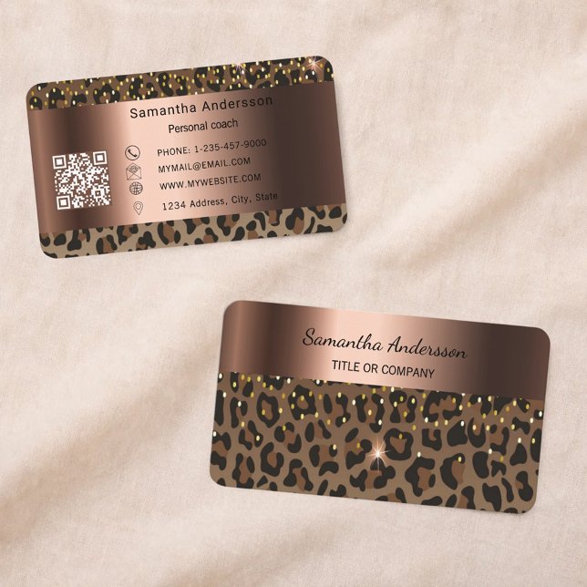 Cartão De Visita Luxury Gold Leopard Print QR Code (Criador carregado)