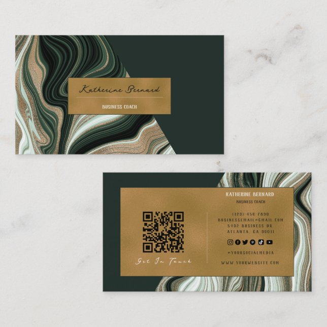 Cartão De Visita Luxury Green and Gold Marble Business Coach Card (Frente/Verso)