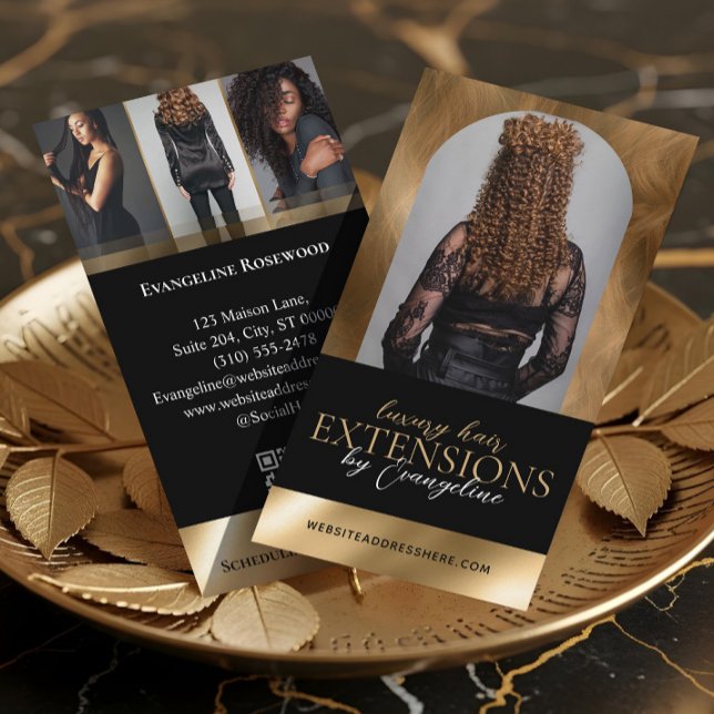 Cartão De Visita Luxury Hair Extensions Salon Arch Photo Black Gold (Luxury Hair Extensions Salon Arch Photo Black Gold Business Card)