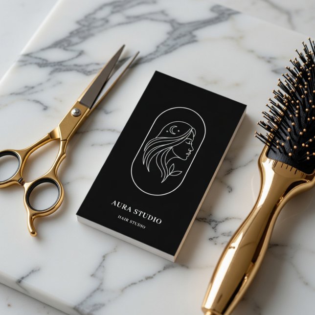 Cartão De Visita Luxury Hair Stylist | Line Art Hair Salon QR Code (Criador carregado)