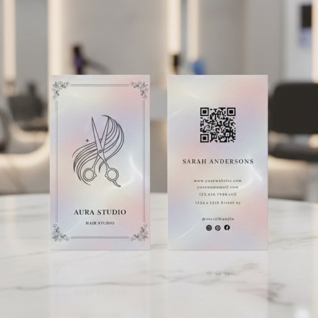 Cartão De Visita Luxury Hair Stylist with QR Code Holographic (Criador carregado)