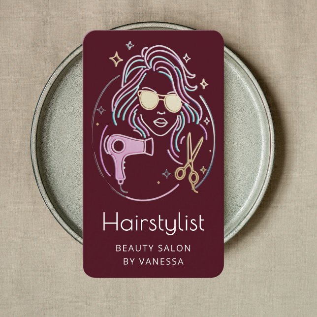 Cartão De Visita Luxury Hairstylist Beauty Salon QR Code Burgundy (Criador carregado)