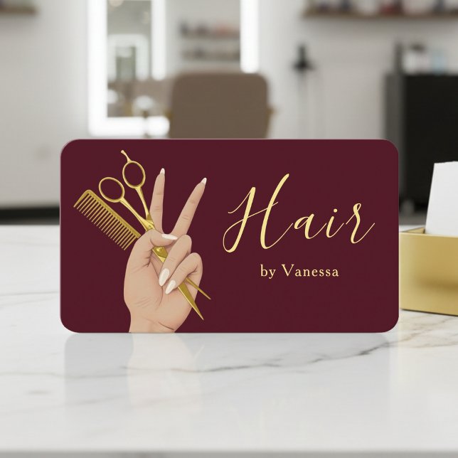 Cartão De Visita Luxury Hairstylist Hairdresser Modern Burgundy (Criador carregado)