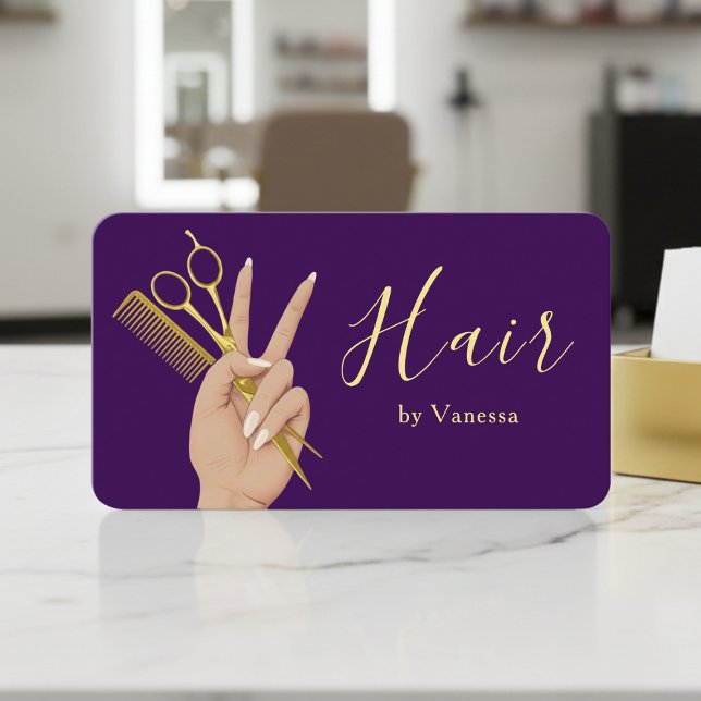 Cartão De Visita Luxury Hairstylist Hairdresser Modern Gold Purple (Criador carregado)