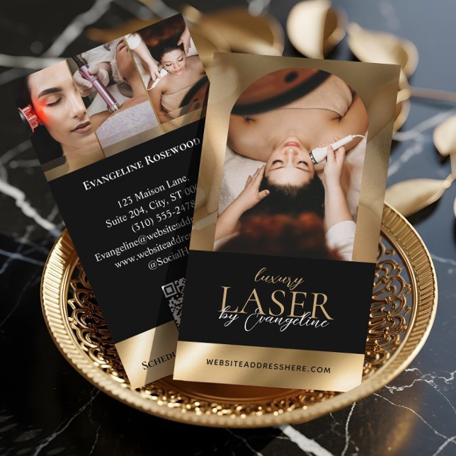 Cartão De Visita Luxury Laser Technician Spa Arch Photo Black Gold (Luxury Laser Technician Spa Arch Photo Black Gold Business Card)