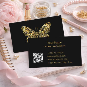 Cartão De Visita Luxury Lash Tech Preto Dourado Borboleta Código QR