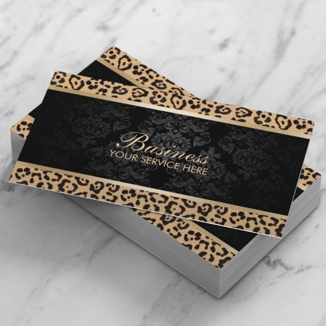Cartão De Visita Luxury Leopard Black Damask Beauon (Criador carregado)