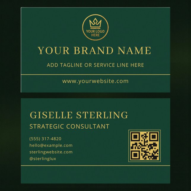 Cartão De Visita Luxury Logo Green Gold QR Code (Criador carregado)