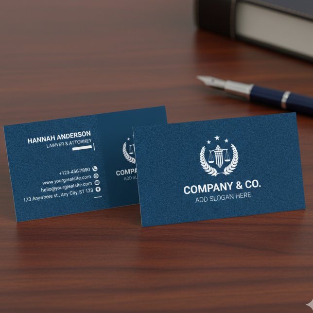 Cartão De Visita Luxury Navy Leather Look Attorney Business Card  (Luxury Navy Leather Look Attorney Business Card with Logo)
