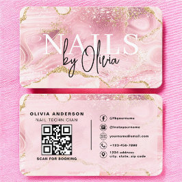 Cartão De Visita Luxury Pink Marble Nail Tech Branding